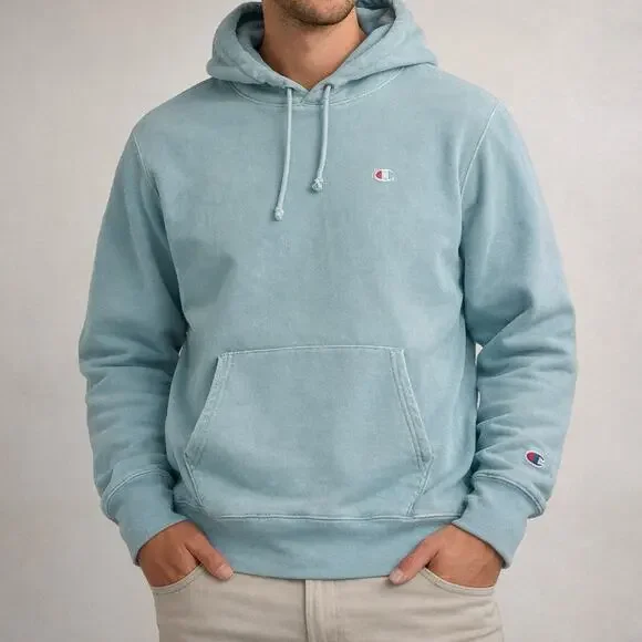 Champion Reverse Weave Light Blue Hoodie Large Hooded Sweatshirt Logo Y2K 90s - Picture 1 of 12